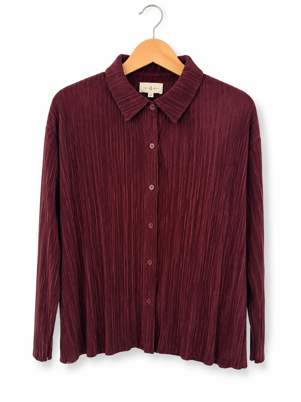 Lou & Grey Burgundy Pleated Button Front Blouse XS Textured Career Chic Office